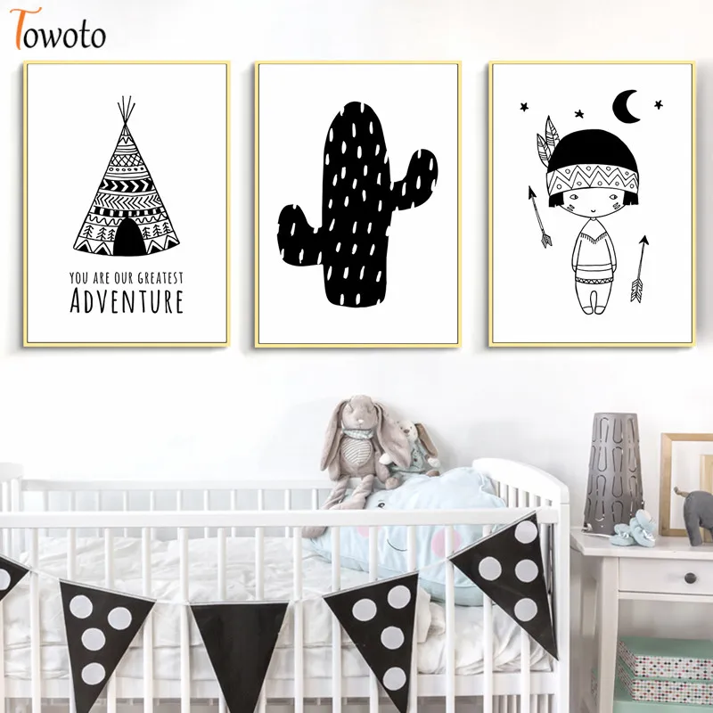 Cartoon Canvas Painting Cactus Poster Nursery Art Prints Monochrome Wall Kids Room Decorative Pictures Tribal Decor | Дом и сад