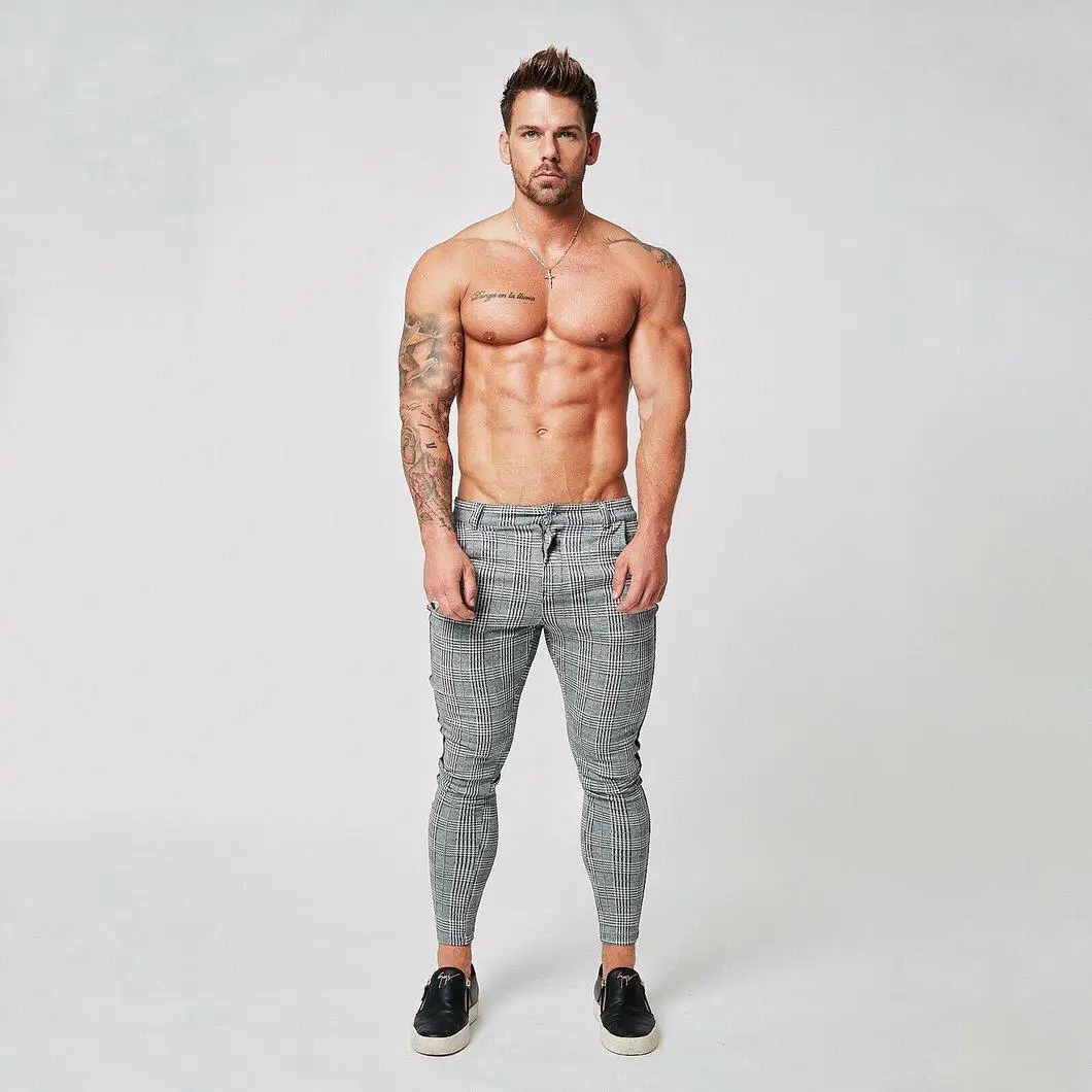 SHENGLANGYIN Mens Chinos Slim Fit Skinny Pants For Men Chino Trousers Plaid Design Fashion Grey With Stripe at Side zm353 | Мужская