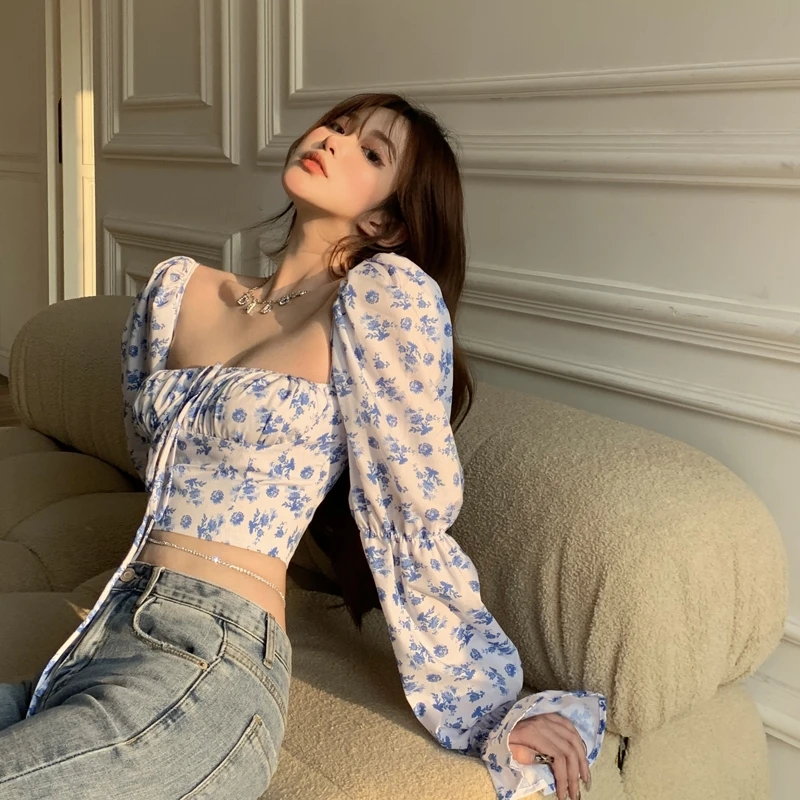 

Summer Elegant Retro Long-Sleeved Shirt Women's Square Collar Puff Sleeve Long-Sleeved Short Top Floral Lace French Dress 2021