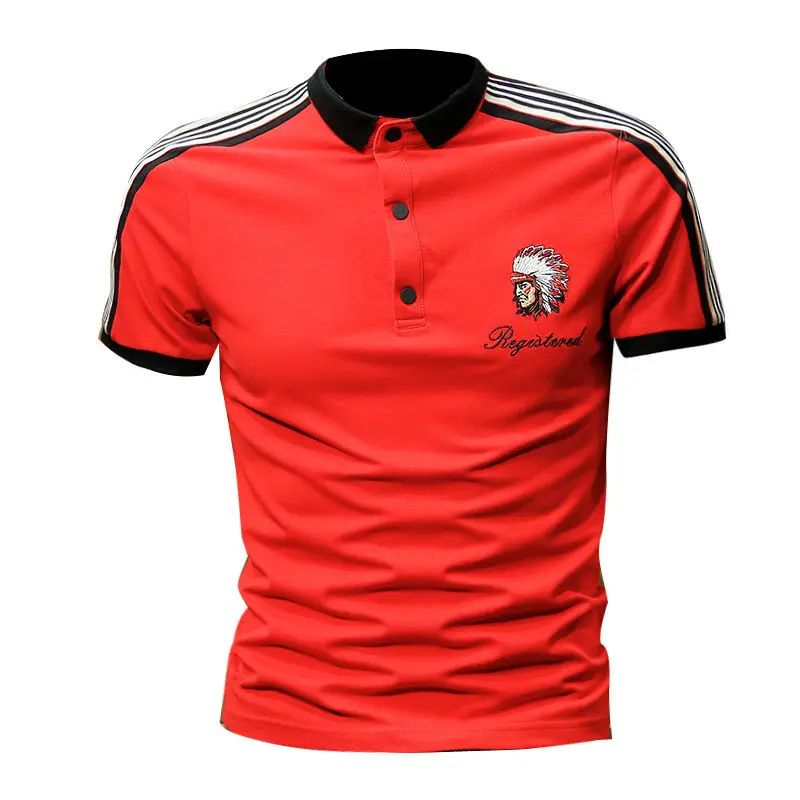

Lapel embroidered polo shirt men's youth slim stripe color contrast fashion brand European men's large short sleeve fashion