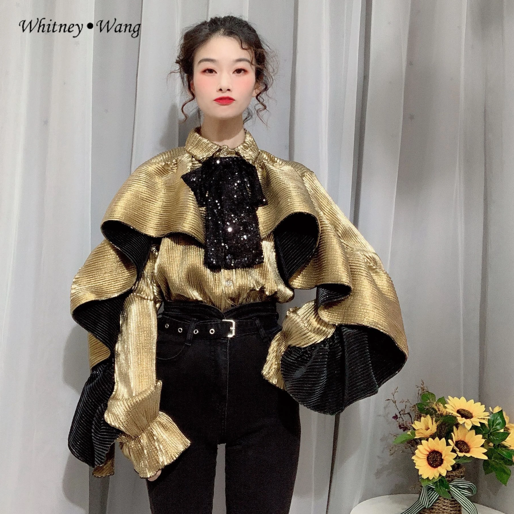 Женские плиссированные блузки с большими блестками и бантом|Блузки| |