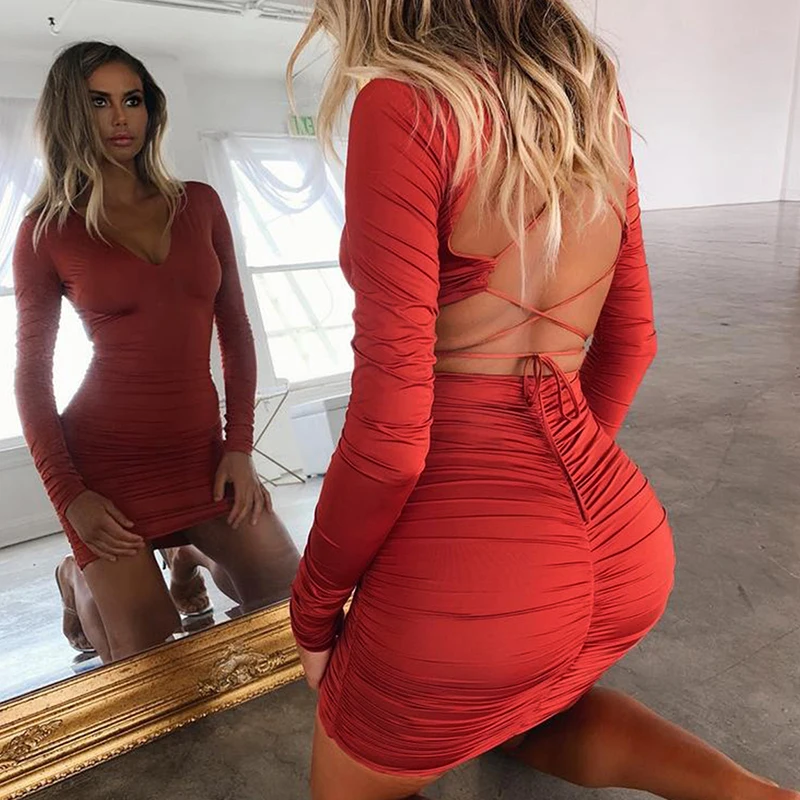 

Tight Mini Backless Dress Sexy Cross Spaghetti Strap Dress Ruched V Neck Sukienka Curvy Women Night Club Bodycon Mini Dress Xl