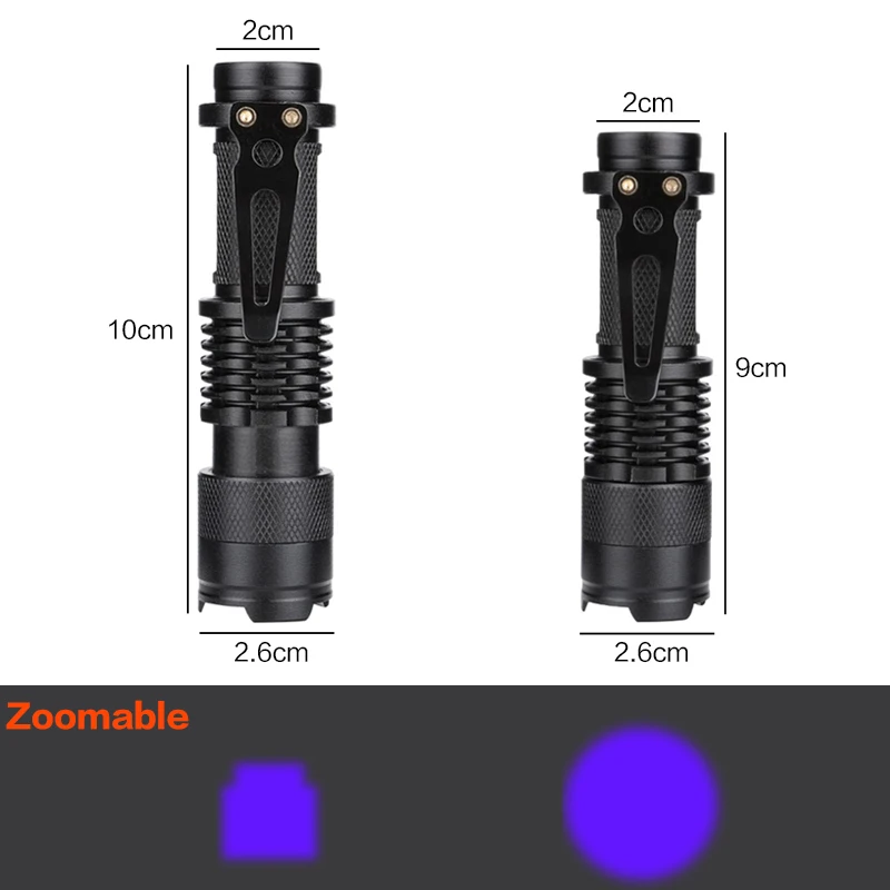Светодиодный УФ фонарик светильник 365nm зум Портативный мини фонарь обнаружения