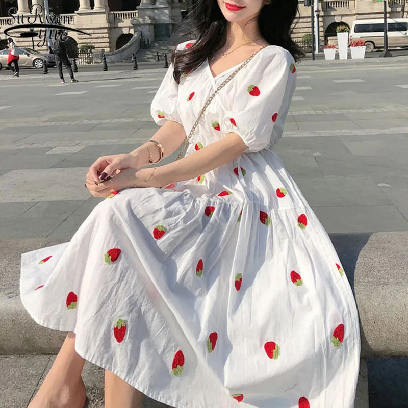 

New Korean Lantern Short-Sleeve Summer Dress Cotton Vintage Plus Size Print Dress for Women V Neck Midi Dress Vestidos 9372