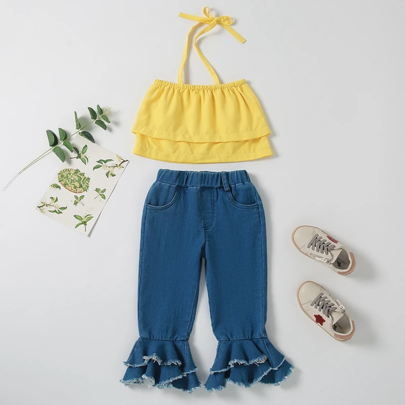 

1-6 Years Girls Clothes Summer Two-Piece Ruffle Hem Sleeveless Sling Tank Tops + Flared Denim Pants Outfit for Party Vacation