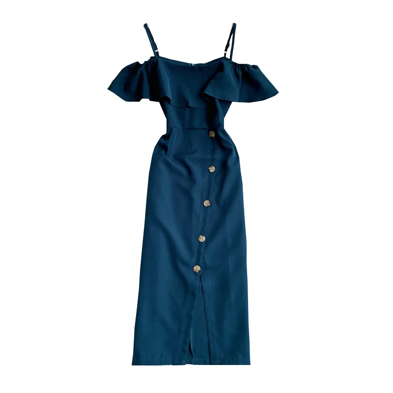 

New Summer Beach Dress Women Slim Sexy Off Shoulder Ruffle Bodycon Robe Irregular Single Breasted Backless Party Dresses Vestido