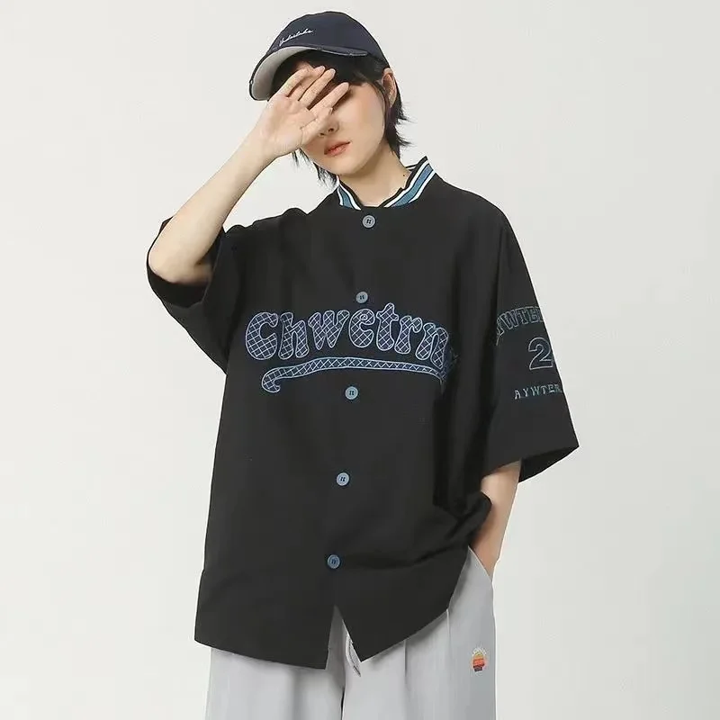 Летняя уличная рубашка с вышитыми японскими буквами и Бейсбольным воротником