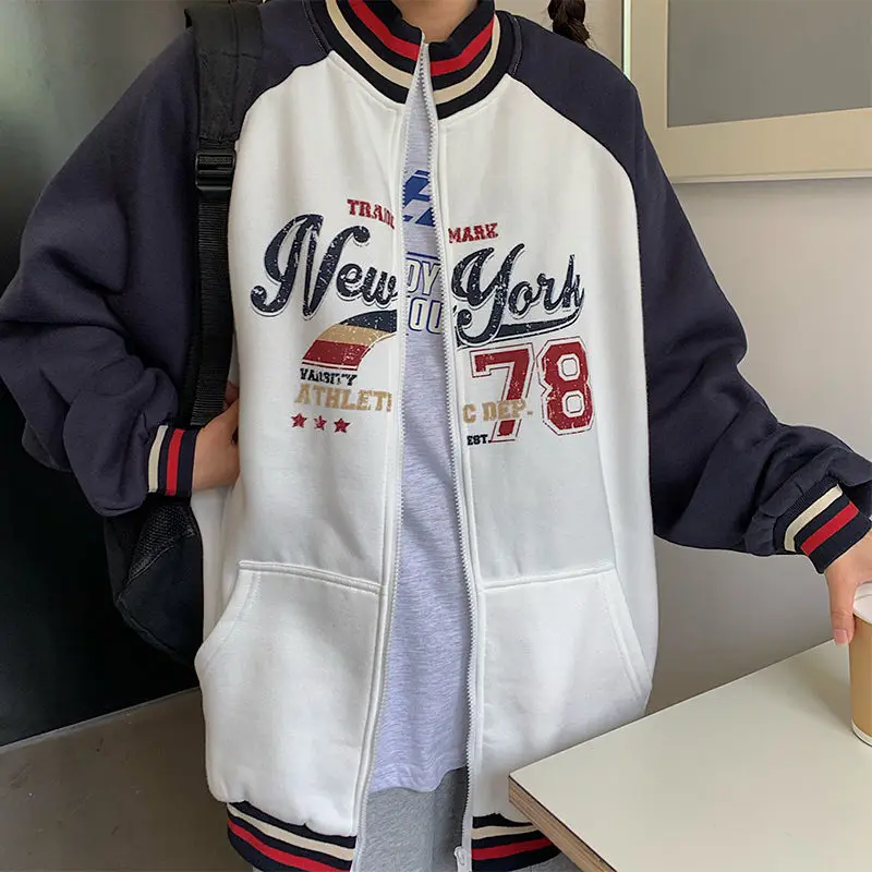 

Print Autumn And Winter Baseball Jacket Women's Cardigan Loose Korean Harajuku Thick Coat Student Kawaii Goth