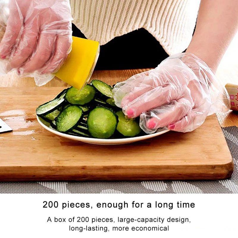 

200Pcs In A Box Disposable Plastic Transparent Gloves PE Lightweight Portable Easy to Use 25*14cm Kitchen Disposable Gloves