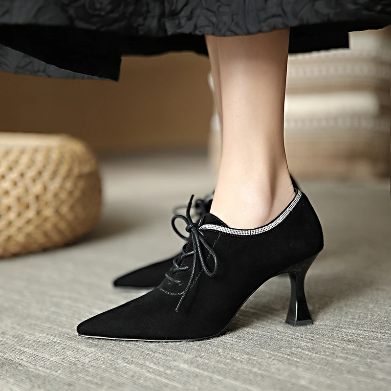 

MEMUNIA 2021 Hot Sale Suede Leather Women Pumps Lace Up Spring Summer Single Shoes Pointed Toe Thin High Heels Party Shoes Woman