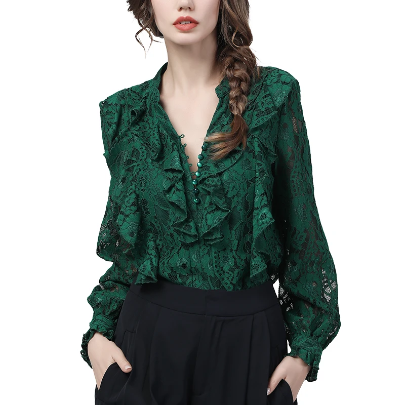 Женский кружевной топ с жемчугом элегантная ажурная блузка длинным рукавом и