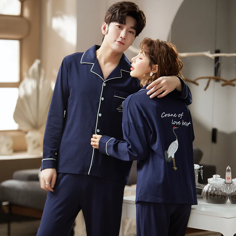 

Couple Autumn Winter Pajamas 2 Piece Sets Loose Turn-down Collar Cotton Blue Long Sleeve Homewear Cute Feihe Cartoon Sleepwear