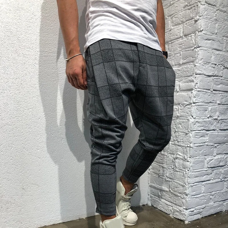 

2021 High Wasit Spring Fashion Pocket Men's Slim Fit Plaid Straight Leg Trousers Casual Pencil Jogger Casual Pants