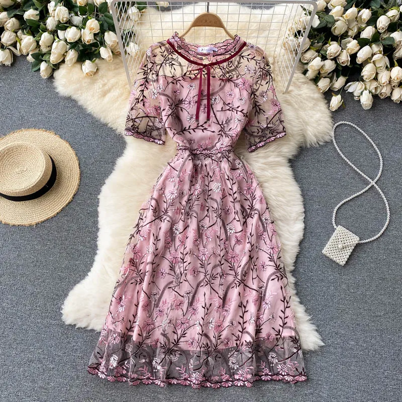 

Женское модельное платье с цветочным принтом, элегантное Сетчатое ажурное платье миди с расклешенным рукавом, бантом на воротнике и цветочной вышивкой, лето 2023
