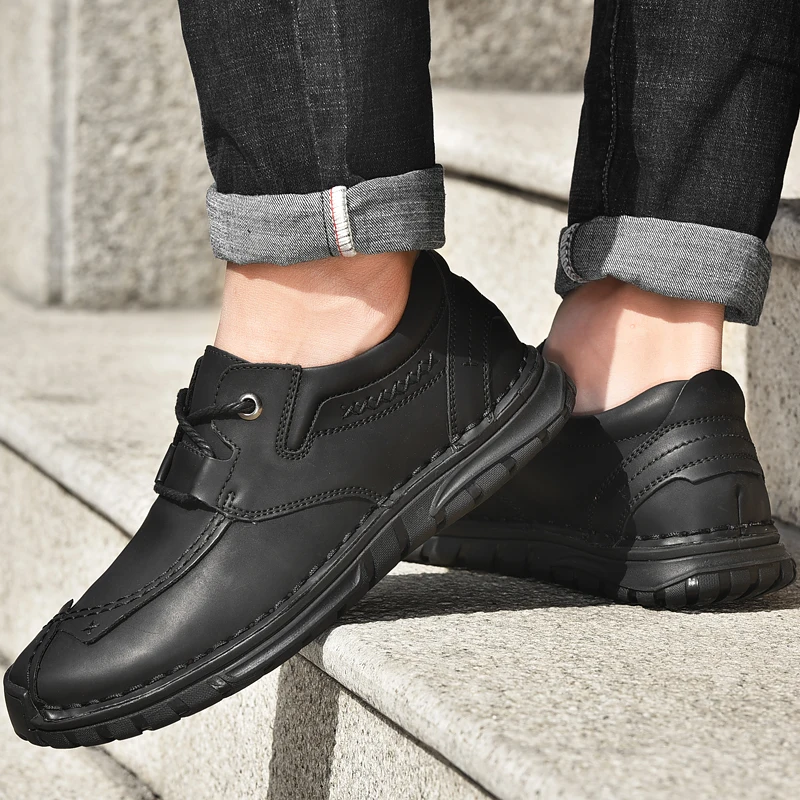 Кроссовки мужские кожаные на платформе модная рабочая обувь до щиколотки