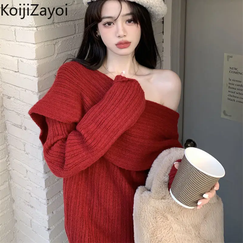 

Koijizayoi Sexy Women Sweet Sweater Autumn Winter Chicken Warm Slash Neck Pullover Solid Loose Outwear Jumpers Ropa Mujer