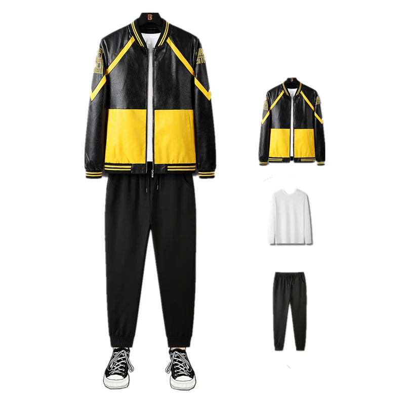 

Мужские костюмы из 3 предметов, куртка из искусственной кожи, куртки с воротником-стойкой, мотоциклетные джоггеры, брюки, свитшот с круглым вырезом