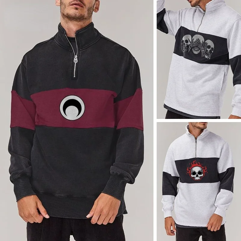 

Casual Simple Printing Zipper Sweatshirts Men Long Sleeve Trendy Baseball Uniform Men