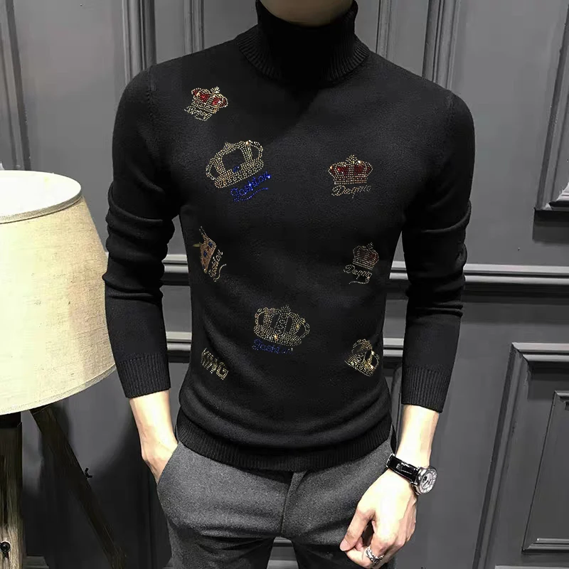 

Super Crown Hot Diamond Men's Turtleneck Sweater Autumn and Winter Leisure Long Sleeve Knitted High Quality Pullover Tops