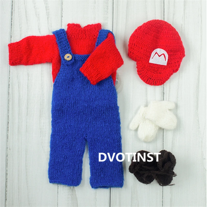 Dvotinst Baby Newborn Photography Props Knit Cute Mario Outfits Bonnet Socks Set Cartoon Fotografia Studio Shoots Photo | Детская одежда
