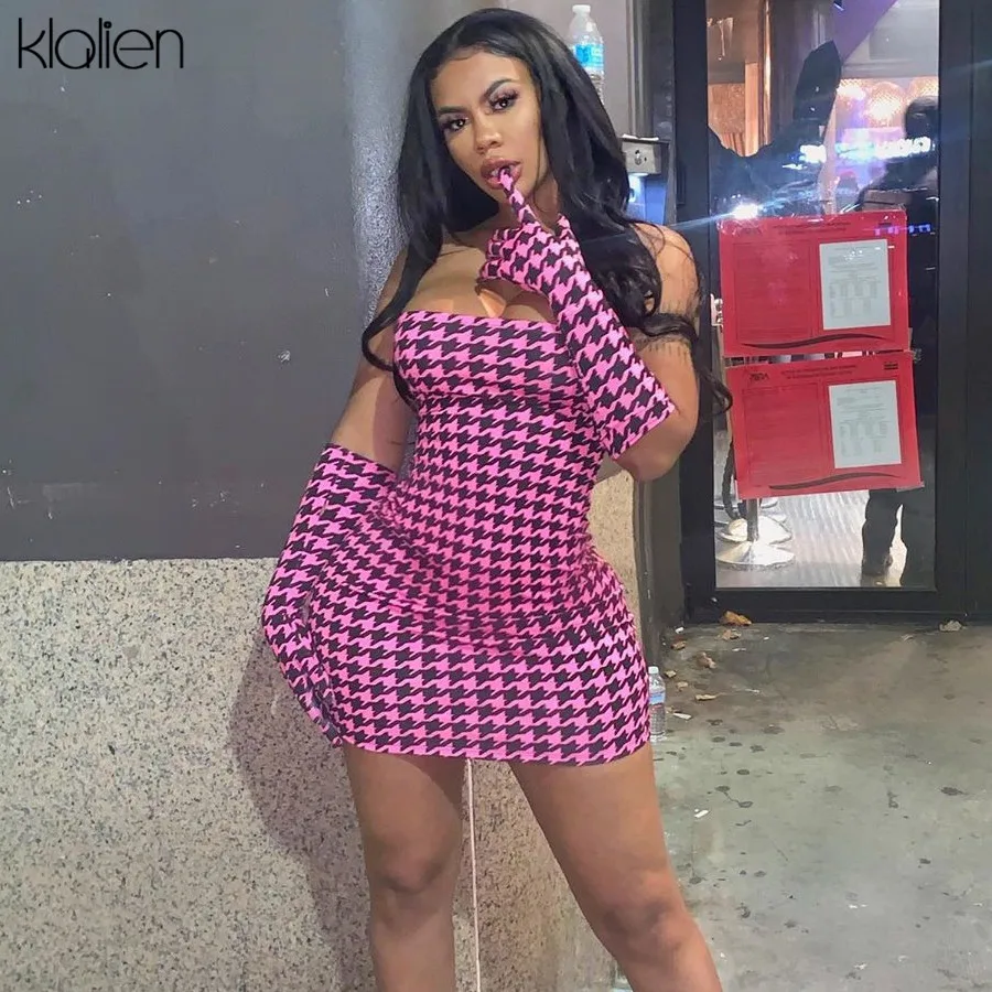 Klanien Сексуальный Топ без бретелек модный с монопринтом перчатками обтягивающие