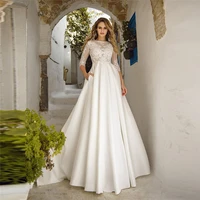 new fashionable lace top half sleeves satin a line wedding dress pleated custom online bridal gowns 2021 modest bride dress