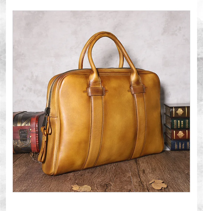 Retro fashion high quality natural genuine leather men's large capacity laptop handbag designer lawyer work office business bag