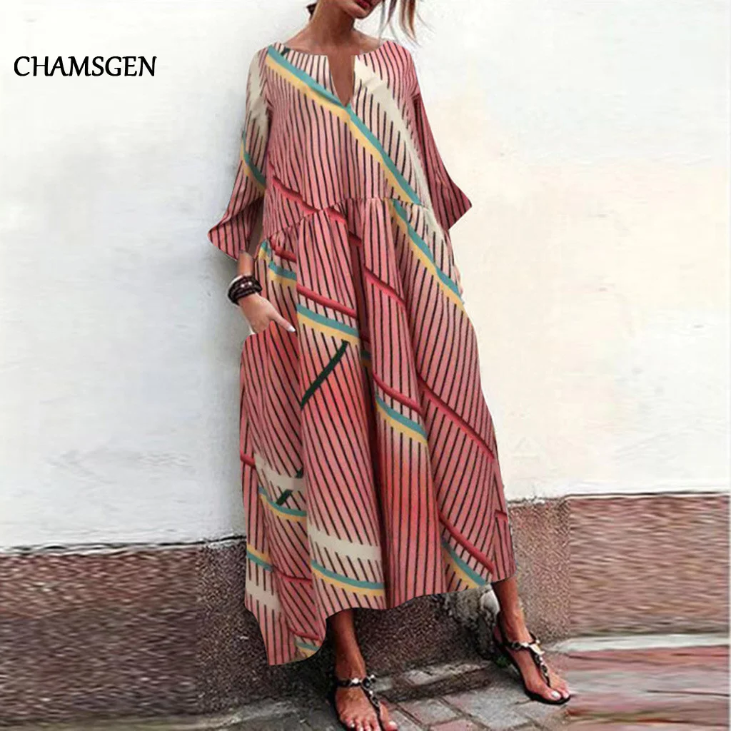 CHAMSGEND платье Женский винтажный богемский Полосатый Сращивание печати свободное