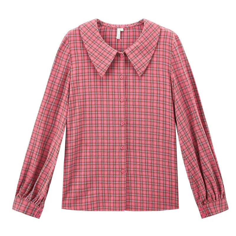 Red Plaid INMAN Winter New Arrival Literary Retro 100%Cotton Doll Collar Plaid Loose Long Sleeve Women Blouse - Цвет: Red Plaid