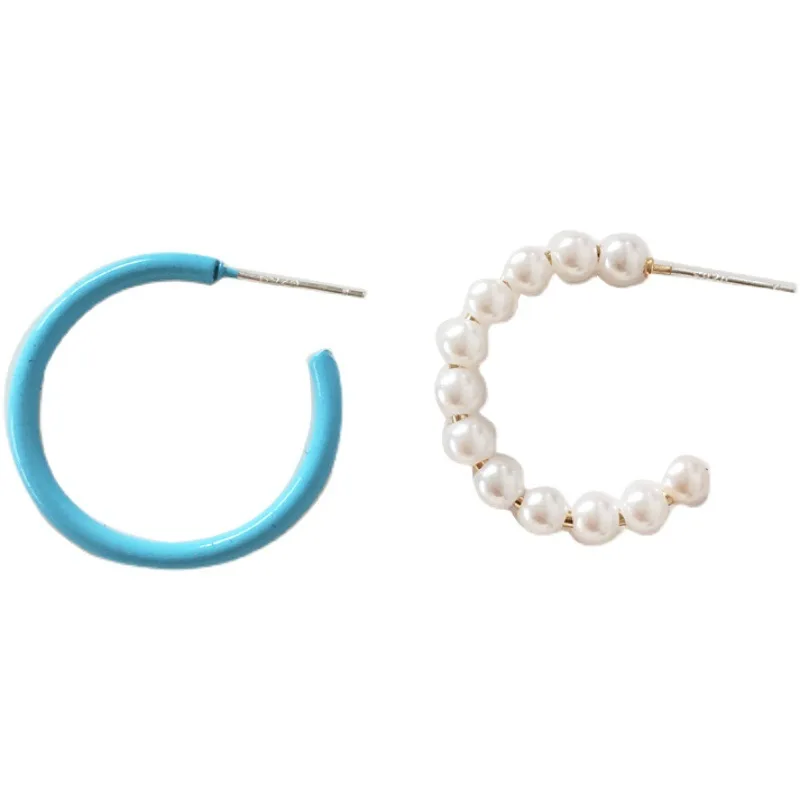 

L-110 S925 Silver Needle Japanese and Korean Creative Blue Asymmetrical Stud Earrings Aesthetic Pearl Semicircle Girl Earrings