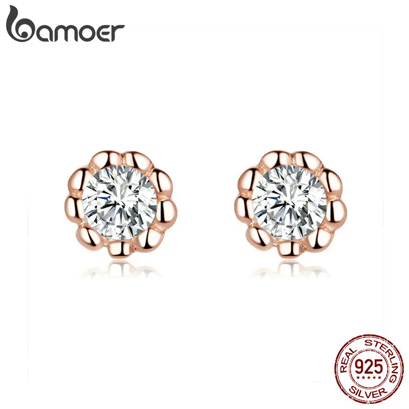 

bamoer Basic Round Rose Color Stud Earrings for Women Clear Cubic Zirconia 925 Sterling Silver Wedding Statement Jewelry BSE219