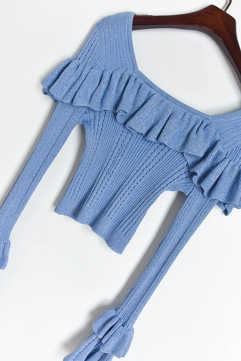 

Fashion 2020 Spring Summer Thin Short Sweater Women Long Flare Sleeve Knitted Ruffles Pullover Jumper Pull Femme Sueter Mujer