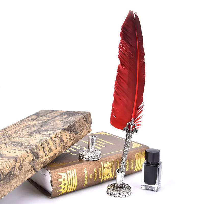 

Vintage Feather Pen Stand Metal Round Pen Holder Pen Accessories Stationery