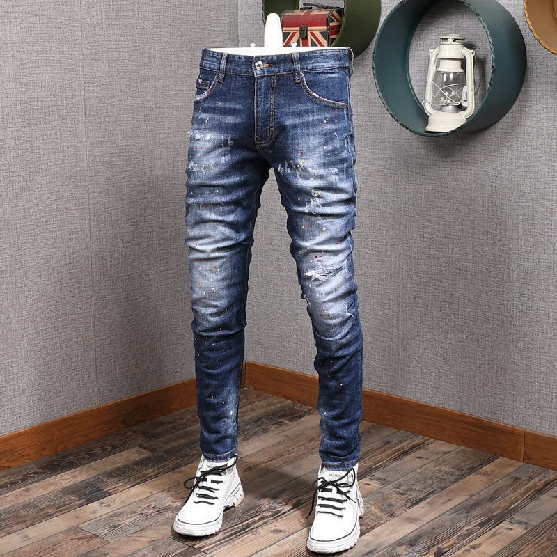 European American Street Fashion Men Jeans Retro Blue Elastic Slim Fit Ripped Jeans Men Painted Designer Casual Denim Punk Pants