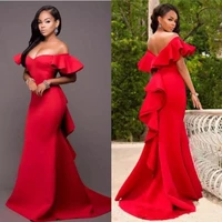 modest gorgeous red off shoulder evening dresses satin backless mermaid prom gowns saudi arabia ruched sweep train formal party