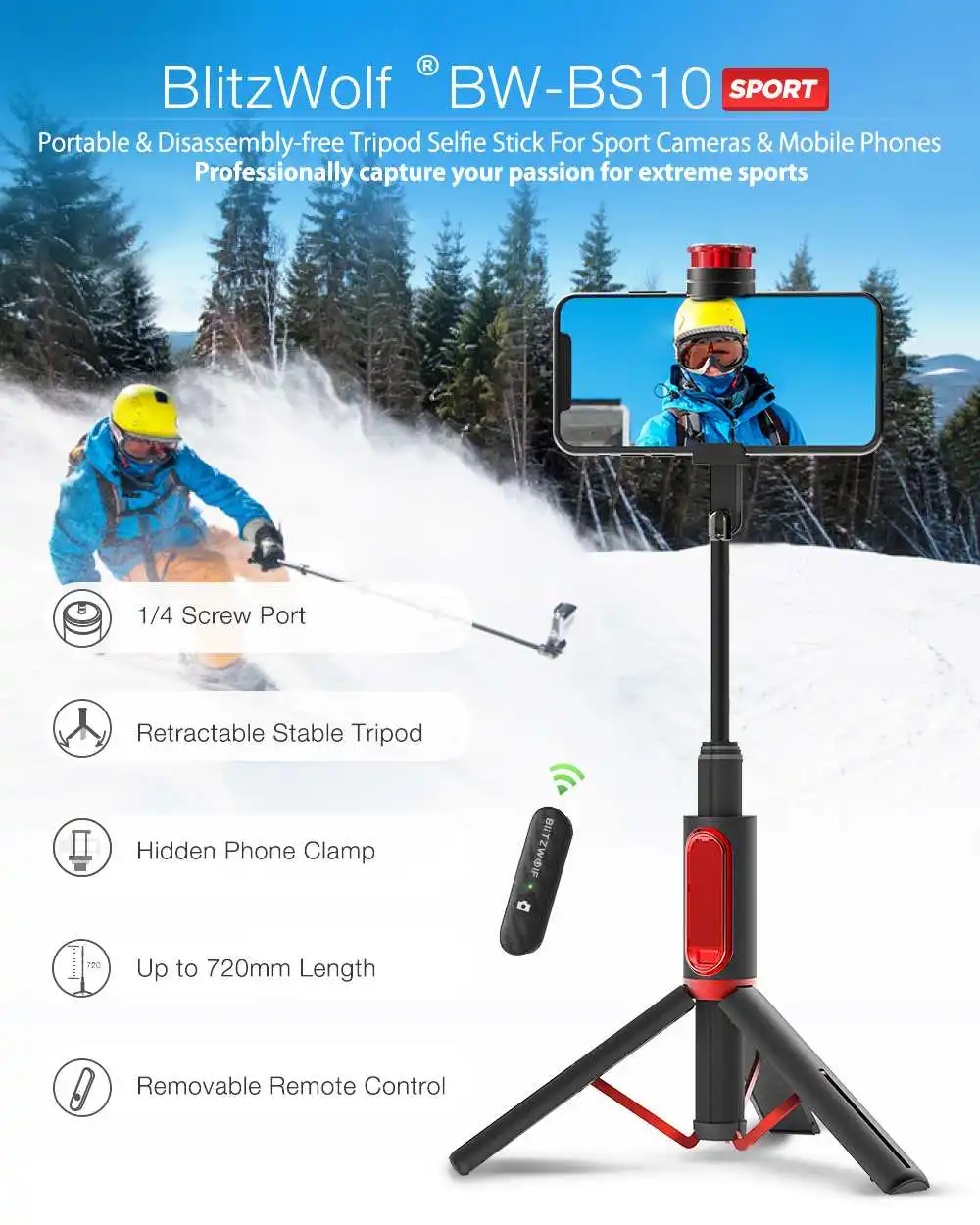 Порт BlitzWolf BW BS10 S монопод для селфи с одним bluetooth штативом и 1/4 винтовым портом Gopro 7 6