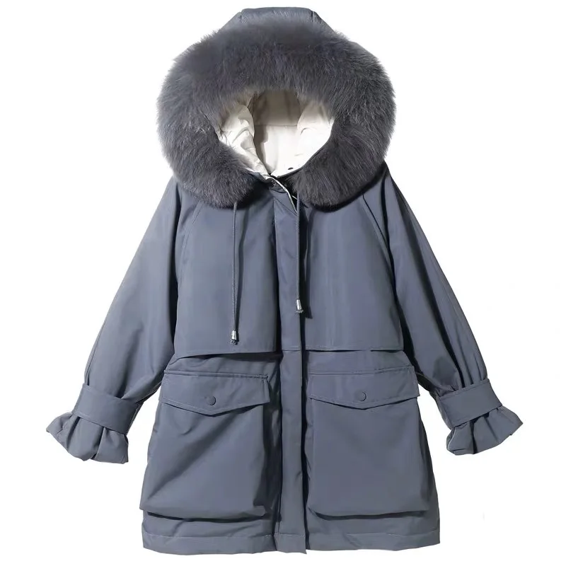 Fitaylor Large Natural Fox Fur Hooded Winter Jacket Women 90% White Duck Down Thick Parkas Warm Sash Tie Up Snow Coat