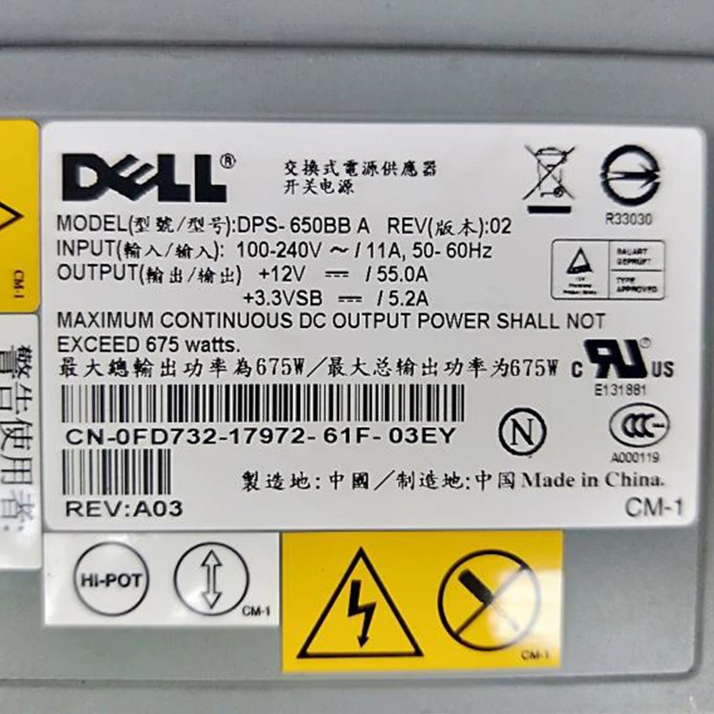 

675W DPS-650BB A 0FD732 0P2591 0KD045 For Dell PowerEdge PE1800 Server Power Supply Original FD732 P2591 KD045 Original