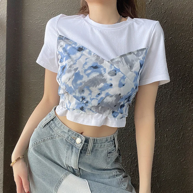 

ArtSu Patchwork Cute Tops Women Summer Tie Dye Lace Up Sweet Cotton T-shirt Femme Blue Pink Tee Shirt Crop Top Ladies TS28066