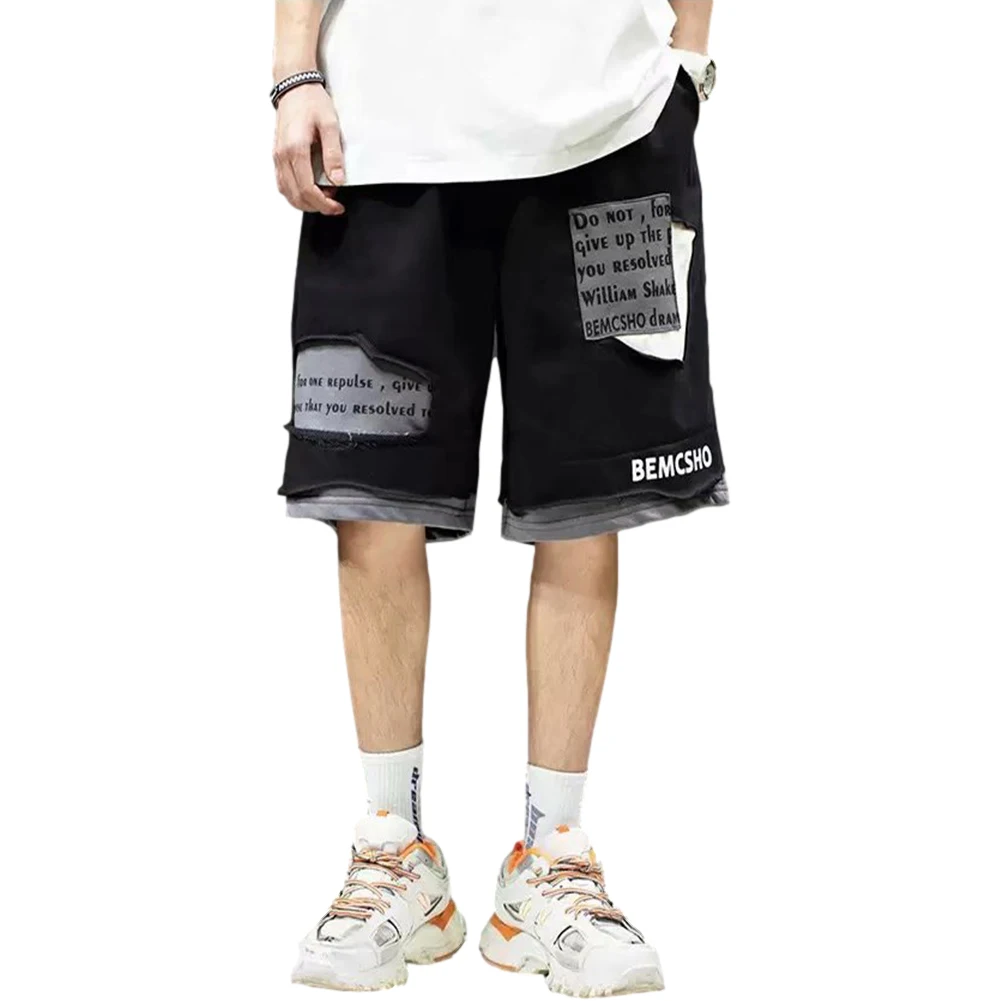 

Men's shorts personalized patch loose loose fake two-piece shorts hip-hop casual sports pants Streetwear Shorts with Pockets