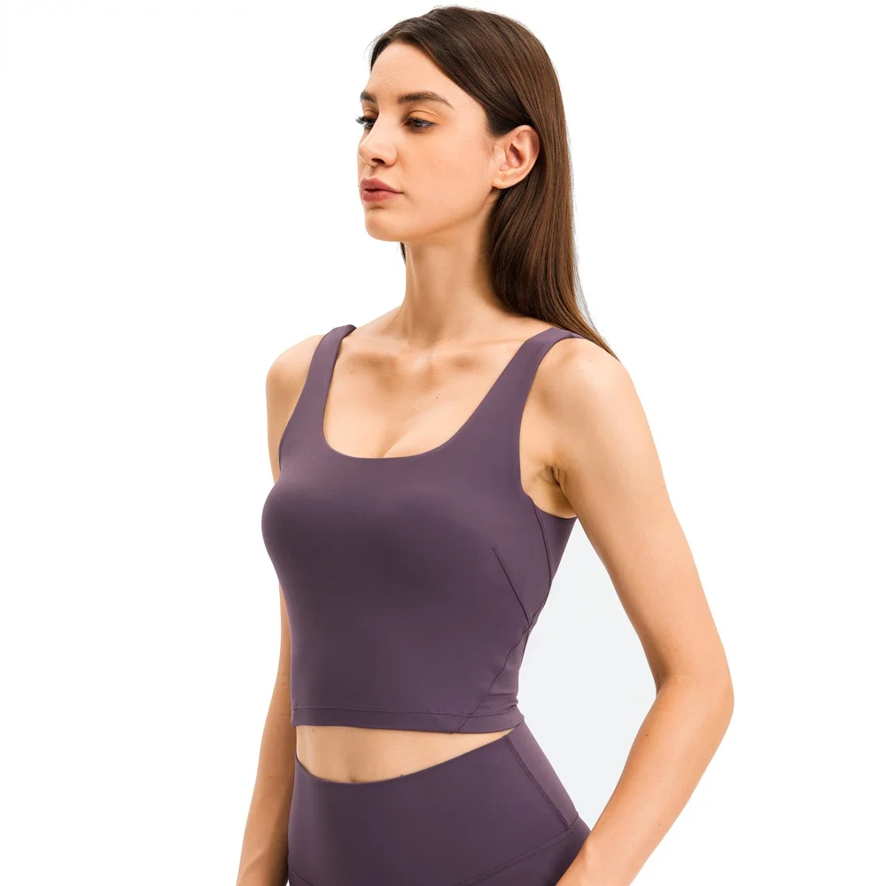 

U Neck Padded Workout Fitness Sports Bras Tops Women Naked Feel Push Up Yoga Gym Longline Crop Top with Built in Bras Yoga Top