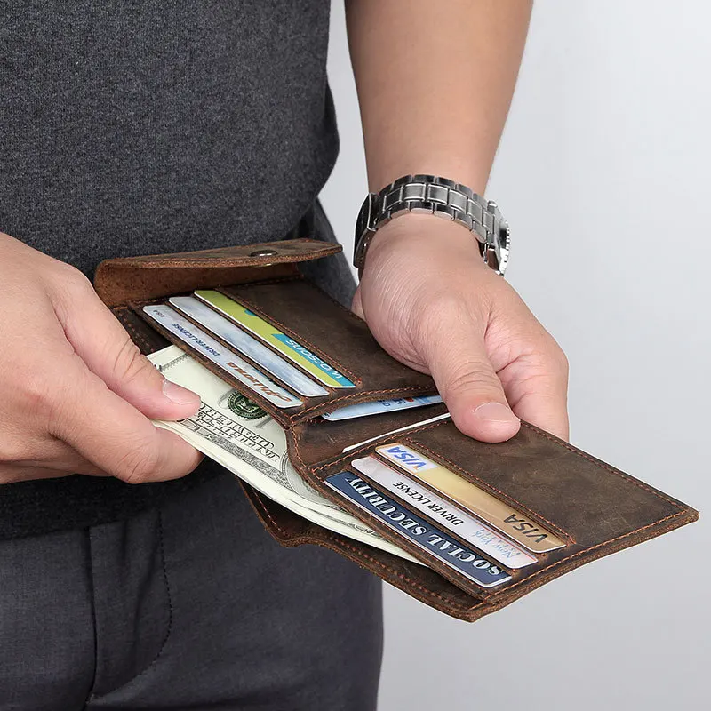 

Кошелек мужской из натуральной кожи Крейзи Хорс, короткий бумажник на застежке, маленькая кредитница в стиле ретро, клатч для долларов