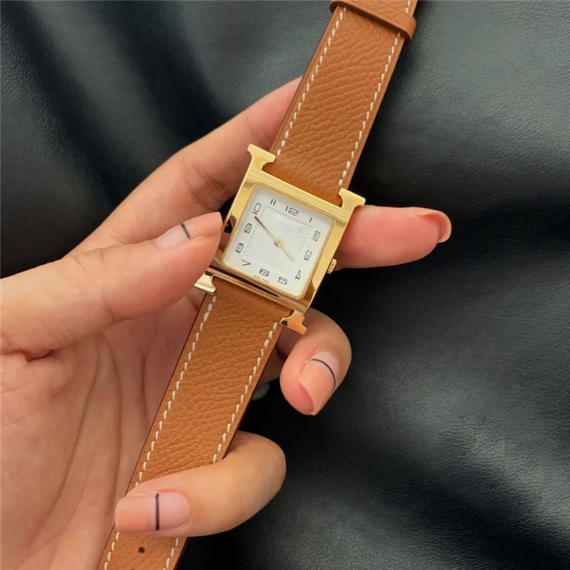 

Fashion Ladies Watch 316 stainless steel 21mm 26mm H-shaped Real Leather Strap square watch Gifts For Women