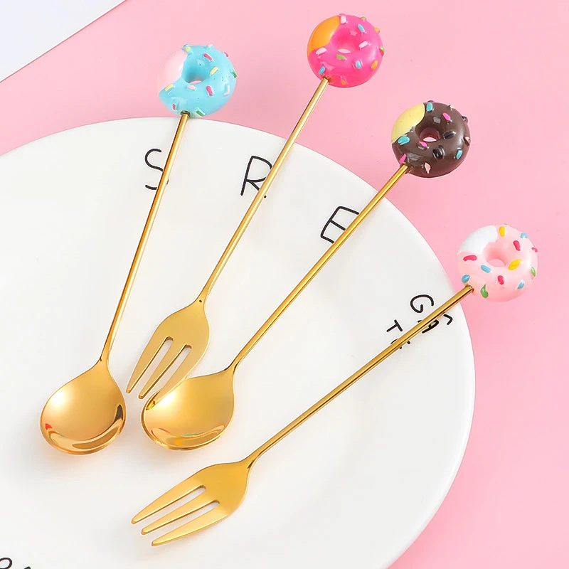 

Donut Cute Stainless Steel Doughnut Dessert Spoon Fork Coffee Ice Cream Candy Kitchen Flatware Baby Kids Dinnerware Teaspoon