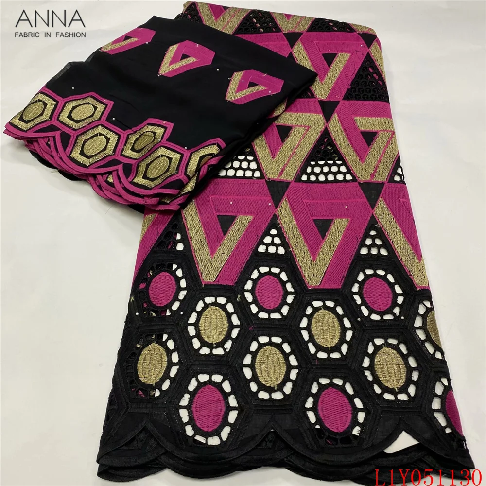 

Anna black 100% cotton swiss voile lace in switzerland embroidery with stones african lace fabric 5+2 yards for wedding dress