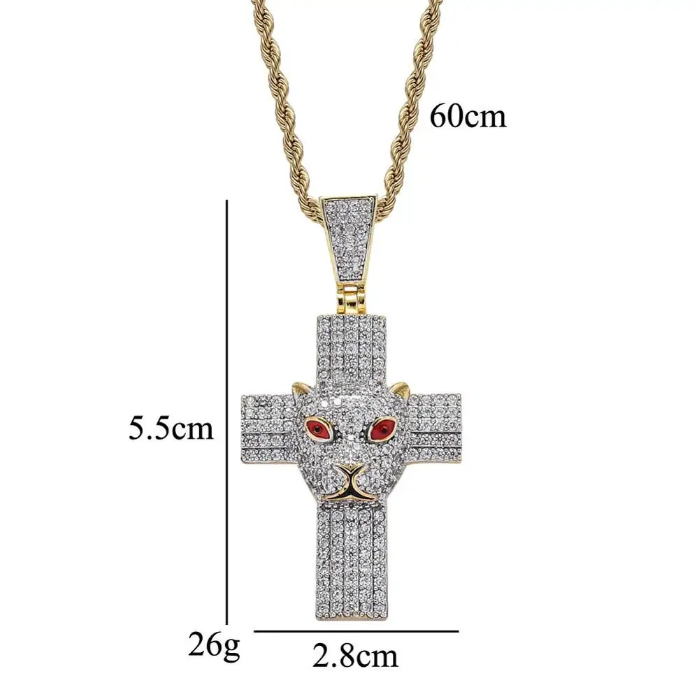 

Gold Color Hip Hop AAA Zircon Micro Paved Cross Leopard Animals Pendant Necklace With Long Chain For Men Women Rapper Gift