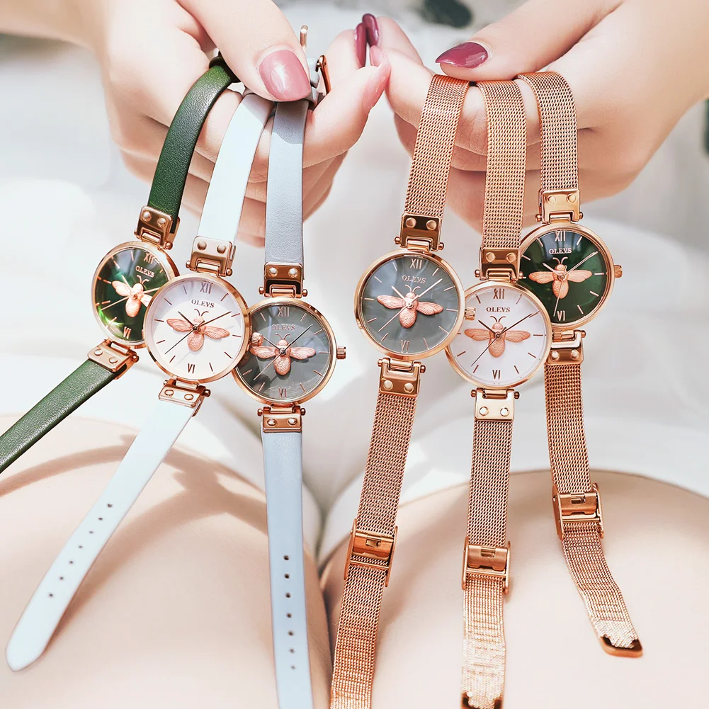 Женские наручные часы OLEVS с маленьким циферблатом в виде пчелы, кварцевые часы для девушек, женские Роскошные Водонепроницаемые наручные ча...