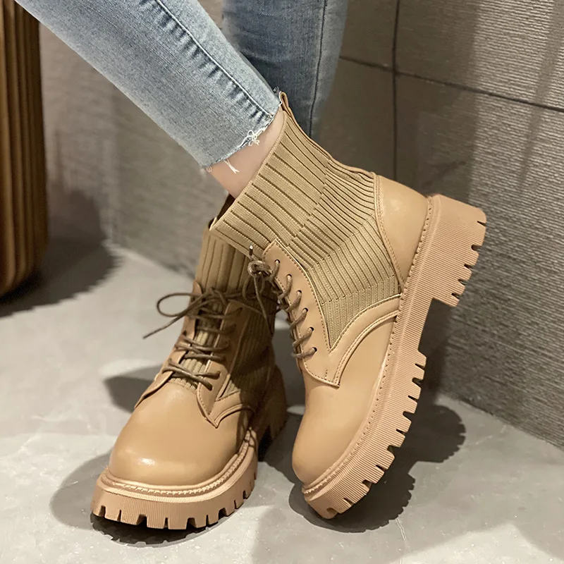 

Autumn Motorcycle Boots for Women 2021 Elastic Cloth Knit Woman Ankle Boots Platform Shoes Lace Up PU Leather Botas Mujer