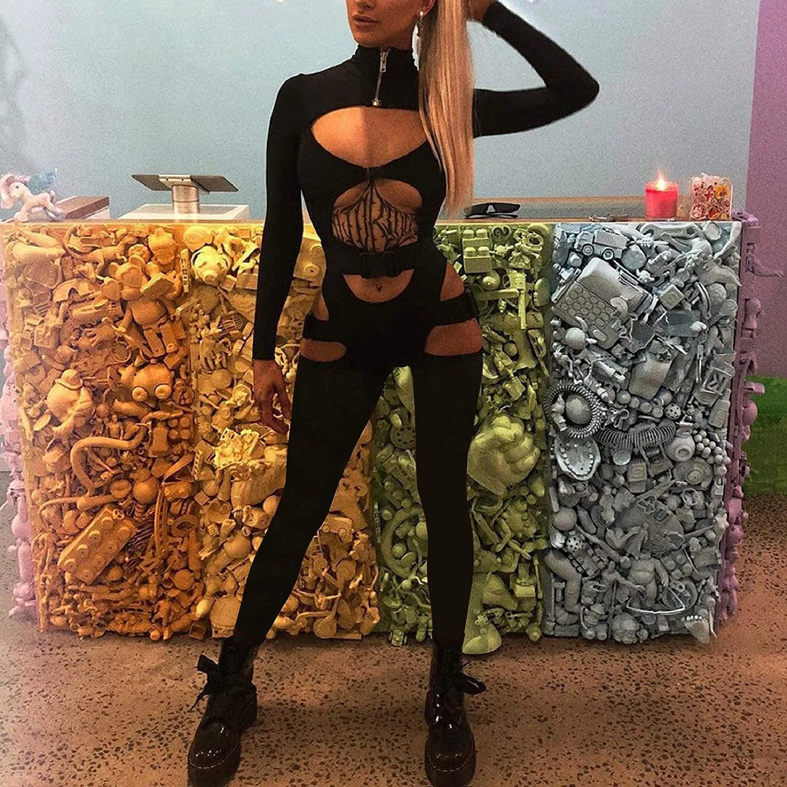 

2021 Sexy Women Sexy Hollow Out Jumpsuit Girls Solid Color Turtleneck Long Sleeve Overalls with Release Buckle Design 4 Colors