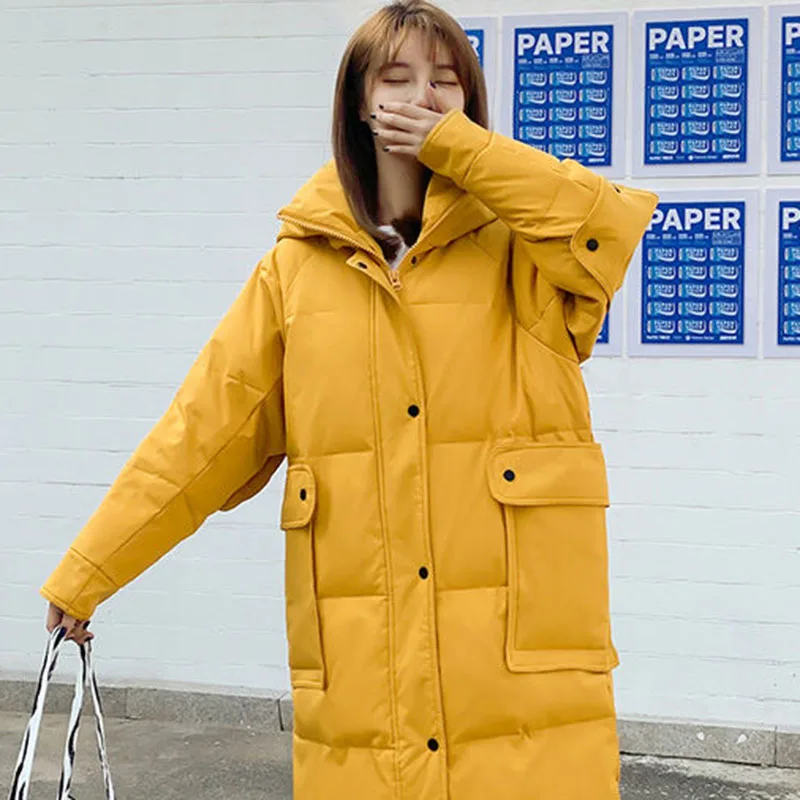 

New Womens Down Jacket Long Down Cotton Jackets Winter Coat Casual Hooded Parka Overcoat Men Women With The Same Style All-Match